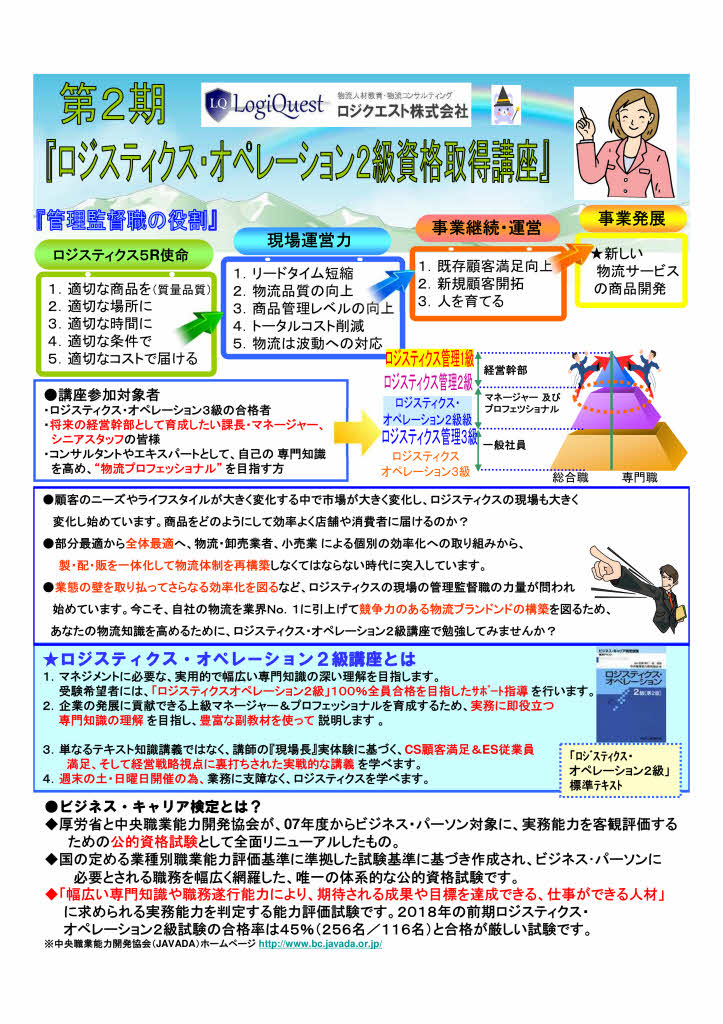 有料 第２期ロジスティクス オペレーション２級 資格取得講座 ２回目 全５回 ロジクエスト株式会社